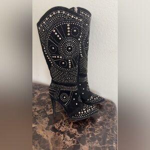 Olivia Miller Black and Silver Studded Heeled Boots